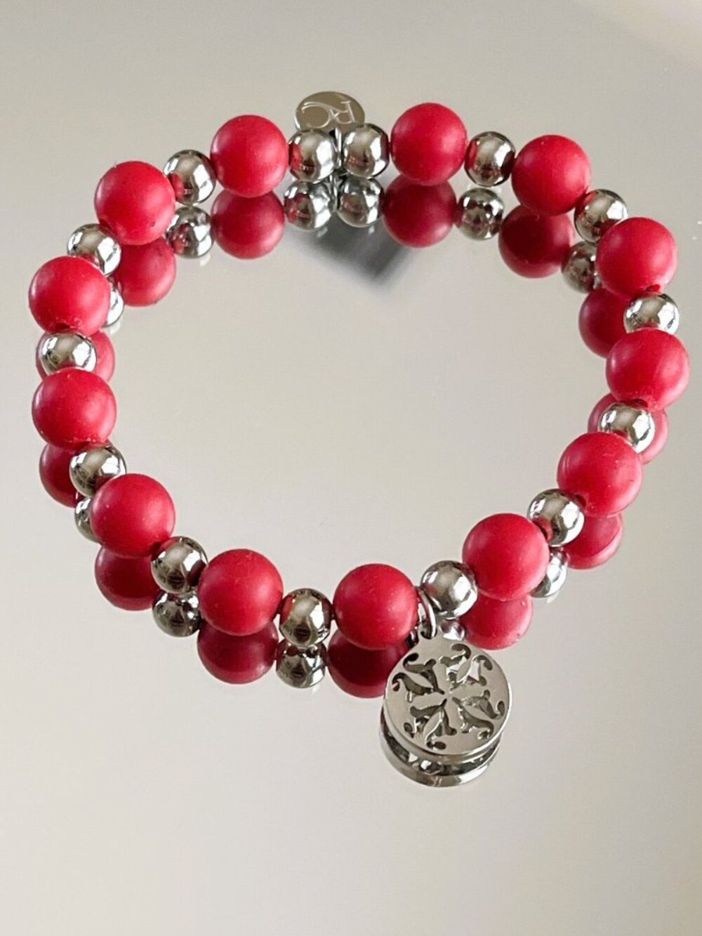 Rustic Cuff Stainless  Red Silicone Beaded Stretch Bracelet